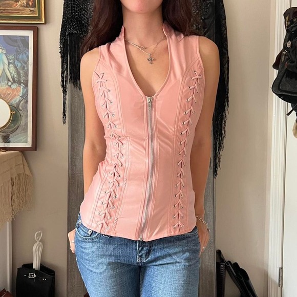 Lydia USA Tops - Pink Biker Style Zip Up Corset Halter with Tie Up Detail and open Back SMALL